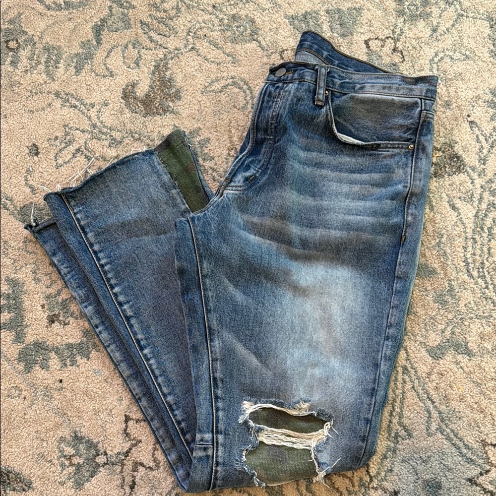MNML Men's flare Distressed Camouflage Blue Jeans